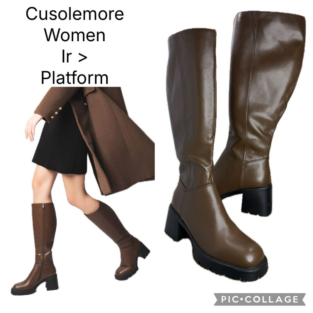 (Q7) Cusolemore Women's Brown Platform Chunky Knee-High Boots,Sz 10, square toe